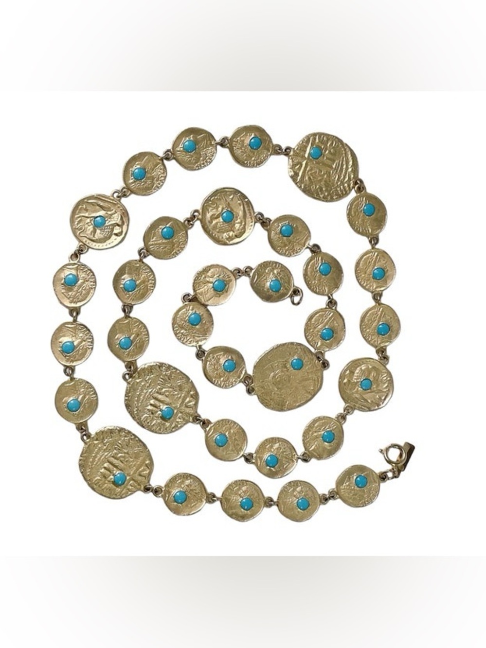 1980s Pauline Radner Hammered Gold Plated Turquoise Glass  Necklace